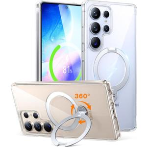 TORRAS 360 Spin Magnetic Stand for Samsung Galaxy S25 Ultra Case, Fit for Magsafe, Military Grade Slim Hard PC Protective S25 Ultra Clear Case with Kickstand & Ring Holder, Ostand Spin, Clear