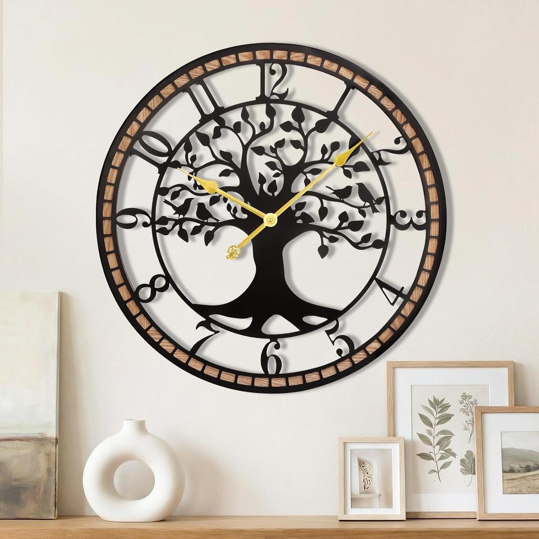 Large Wall Clock,24 Tree of Life Metal & Wood Wall Clock with Bird Design,Decorative Non-Ticking Wall Clock for Living Room,Farmhouse Home Decor