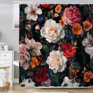 Floral Shower Curtain, Boho Flowers Black Dark Bathroom Decor Shower Curtain Sets, Waterproof Fabric Bathroom Curtain with Hooks, 60 x 72 inch
