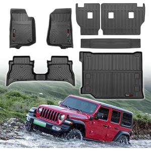 for 2021-2024 2025 Jeep Wrangler JL 4XE Floor Mats Cargo Liner and Backrest Mat All Weather TPE Rubber Protection Mat Accessories (Only for Jeep Wrangler JL 4XE Full Set)