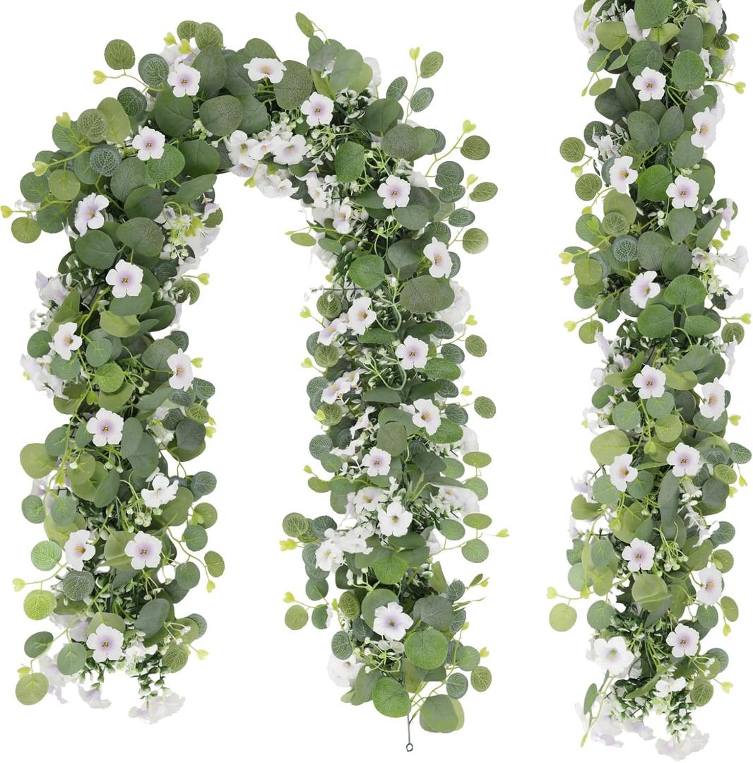 Artificial Eucalyptus Garland with Morning Glory Flowers, 2 Pack Faux Eucalyptus Leaves Greenery Garland Hanging Vines for Wedding Party Backdrop Mantle Table Arch Wall Decor, 6 FT Indoor Outdoor