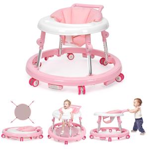 Wismind Baby Walker Foldable with 9 Adjustable Heights, Baby Walkers and Activity Center for Girls Boys Babies 7-18 Months, Baby Walker with Wheels Portable Anti-Rollover (Pink)