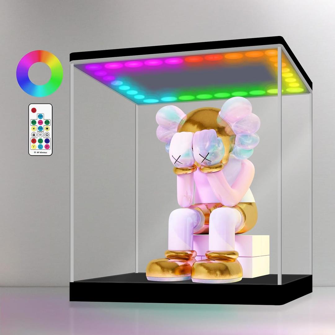 LANSCOERY Clear Acrylic Display Case with RGBW LED Light, Showcase and Display Box, Dustproof with UV Protection, Perfect for Figures Collectibles - 17.7x17.7x17.7inch
