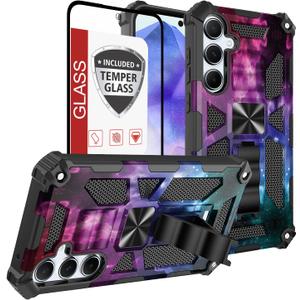Phone Case for Galaxy-A35-5G Case w/Tempered Glass Screen Protector(Full Coverage) [Full-Body][15FT Mil-Grade][Built-in Kickstand] Car Magnetic Protective Cover for Women Man Blue Black Star Galaxy