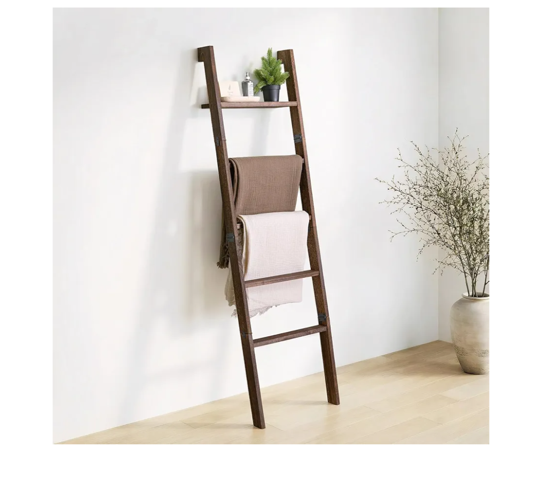 Blanket Ladder with Top Shelf, 5-Tier Wood 64” Decorative Ladder for Living Room Throws, Bedroom Quilt, Bathroom Towel & Toiletry Storage, Home Decor Stand (Deep Brown)