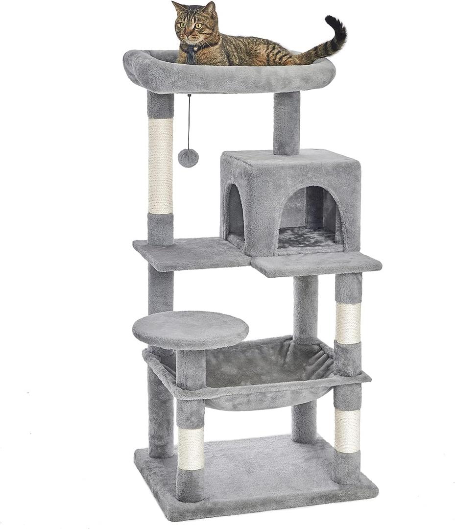 Catinsider 46.5 inches Cat Tree Multi-Level Cat Tower with Sisal-Covered Scratching Posts, Plush Perches, Hammock and Condo for Cats Light Gray