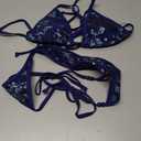 BEAUDRM Women's 2 Piece Bikini Sets Floral Tropical Beaded Triangle Halter String Swimsuit High Cut Bathing Suit (Blue, M)