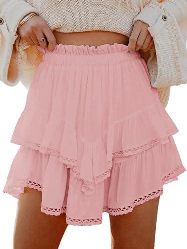 MIFOCAL Flowy Shorts for Women Casual Boho Ruffle Tiered Skorts High Waist Mini Skirts Golf Tennis Crochet Shorts, 2XL, Pink