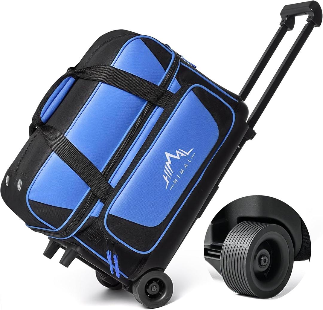 Double Roller 2 Ball Bowling Bag with Separate Shoe Compartment for Bowling Shoes (Up To US Mens Size 15) and Oversized Accessory Pocket, Retractable Handle - Extends to 40" (Black-Blue)