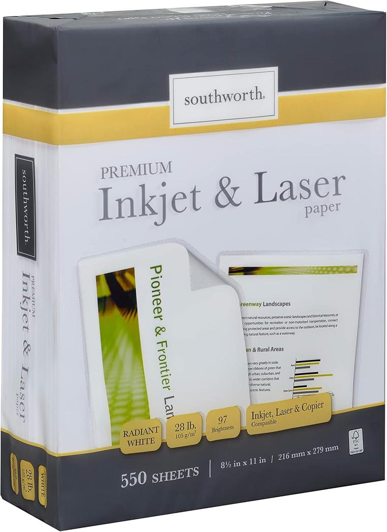 Southworth Inkjet & Laser Printer Paper, 8.5" x 11", 28 lb., Radiant White, 550 Sheets (91723-01)