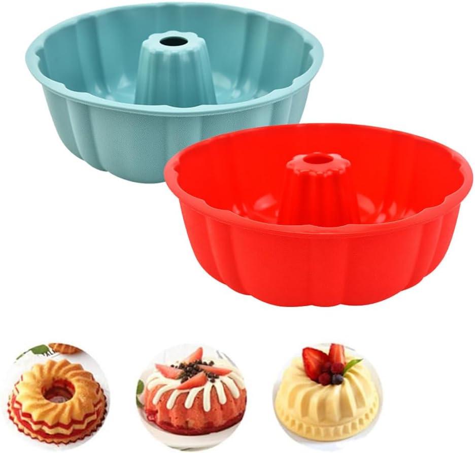 Silicone Bundt Pan, Cake Molds, 10 inch Cake Pan, 2 Pack Silicone Bundt Pans for Baking, Jello, Gelatin (Blue+Red)