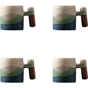2-Oz Ceramic Espresso Cups with Wood Handle, 2/4-Piece Set for Coffee, Tea, Latte - Dishwasher Safe, Multi-Color & Wood Styles, Gift & Café Use (Kiln turning blue, Wooden Handle4)