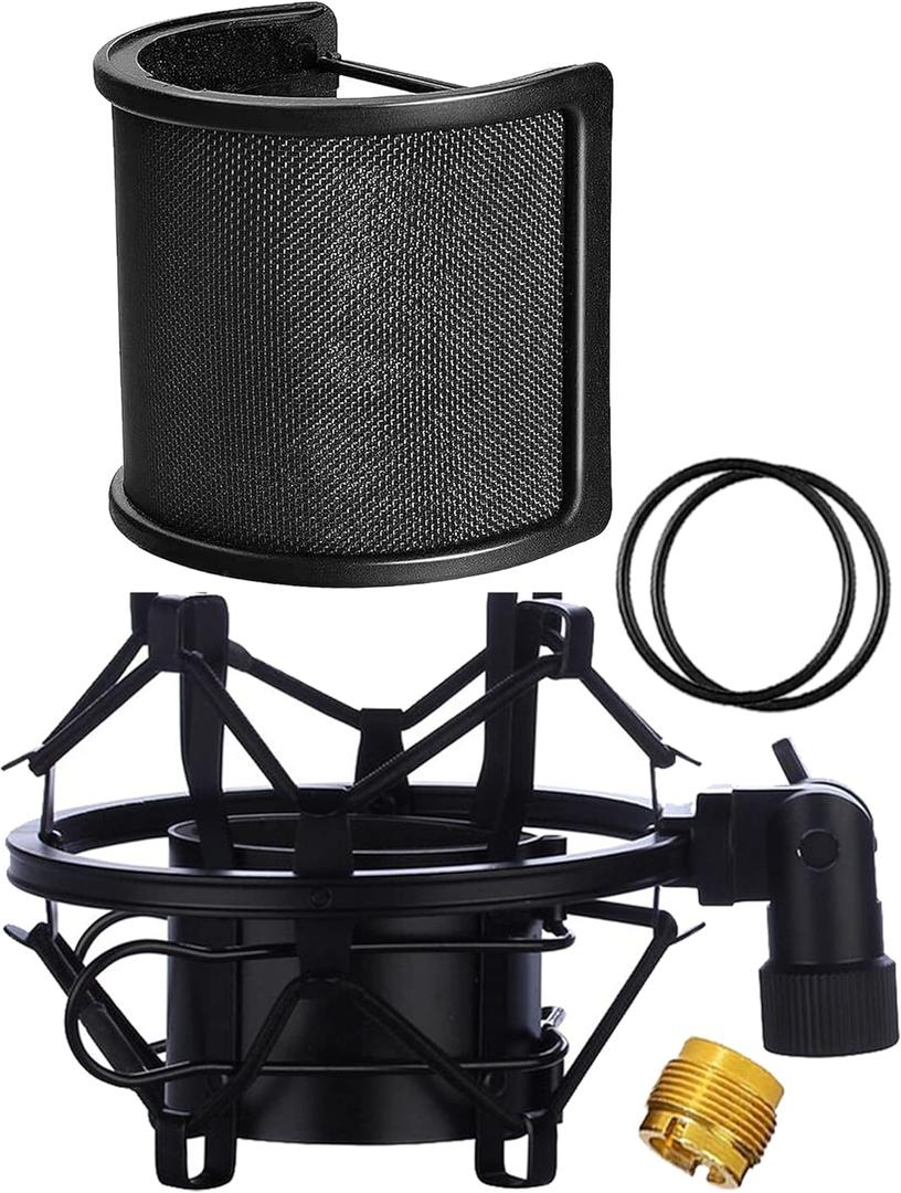 Microphone Shock Mount with Pop Filter, Mic Anti-Vibration Suspension Shock Mount Holder Clip for Diameter 46mm-51mm Microphone (Black)