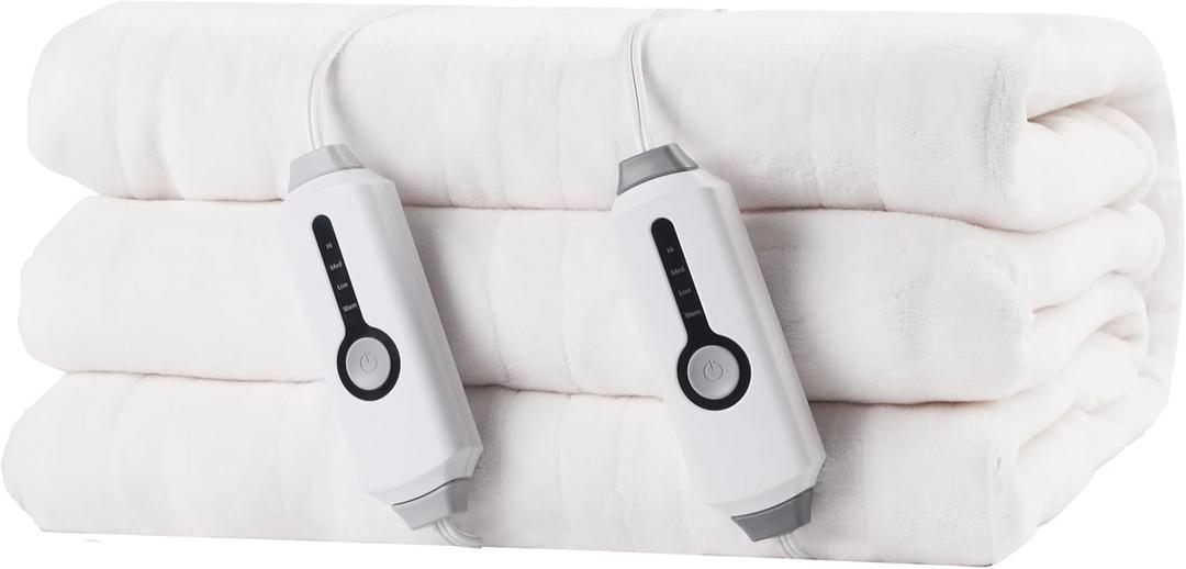 Electric Heated Blanket 84"x90" Queen Size, Soft Coral Fleece, Dual Controllers with 4 Heating Levels and 10 Hours AutoOff, Machine Washable, Cozy Plush Fabric for Home, White