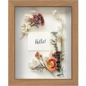 FrameWorks 8 x 10 Golden Oak Wooden Shadow Box Frame  Display Case with Soft Felt Back, Memory Box with Tempered Glass, Display Box with Elegant White Ball Push Pins, Wooden Flower Box