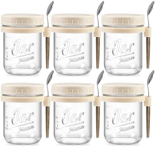 4 Pack Overnight Oats Containers with Lids and Spoons, 16 oz Glass Mason Overnight Oats Jars, Large Capacity Airtight Jars for Milk, Cereal, Fruit(Beige）