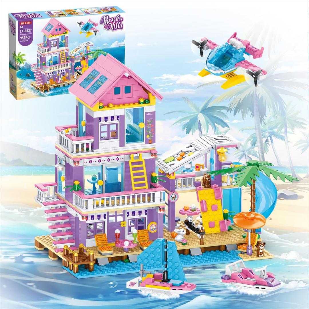 955 Piece Beach House Building Set,Seaside Beach Villa Building Toys Friends Vacation Hut Blocks Set,STEM BuildingToys with Helicopter,Yacht,Sailboat,Christmas Birthday Gift for Girl Age 6-12+