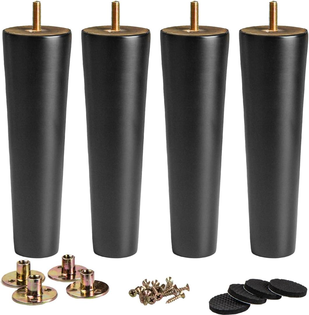 La Vane 8 inch / 20cm Wooden Furniture Legs, Set of 4 Black Solid Wood Tapered M8 Furniture Replacement Feet with Pre-Drilled 5/16 Inch Bolt & Mounting Plate & Screws for Sofa Chair Couch Ottoman