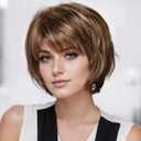 Brown Blonde Highlight Pixie Cut Wig with Bangs Bob Wigs for White Women, Layered Short Haircuts Wigs for Women with Thin Hair/Grey Hair Covery Natural Looking Synthetic Wig Daily Party Use