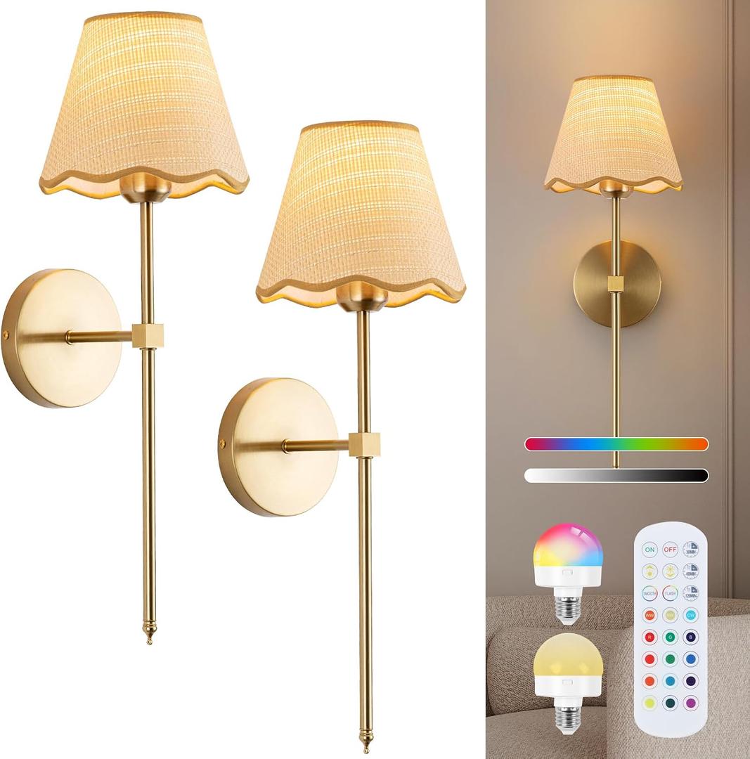 ADISUN Battery Operated Wall Sconce Set of 2, Gold Wall Lamps Rechargeable Bulbs for Living Room, Rattan Shade Wireless Wall Lights for Bedroom Living Room Hallway Kitchen(2 Bulbs Included)