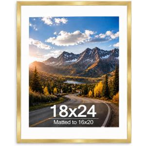 Wood 18x24 Picture Frame with 16x20 Mat Gold, Display 16x20 with Mat or 18x24 Without, Wood 18 by 24 Photo Frame, 18 x 24 Frame for Wall Hanging Display, Gold