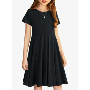 Arshiner Girl's Summer Dresses Short Sleeve Casual Holiday Skater Twirl Dress with Pockets Size 150 Black