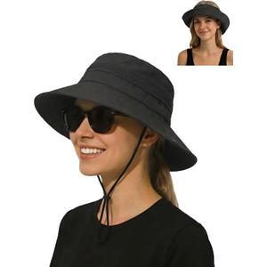 Sun Bucket Hats for Women UV Protection, Summer Beach Hat | Waterproof Quick Dry Rain Hat, Packable Sunhat, Ponytail Hole, Wide Brim, Adjustable, Chin Strap, Fishing, Hiking, Gardening (Black)