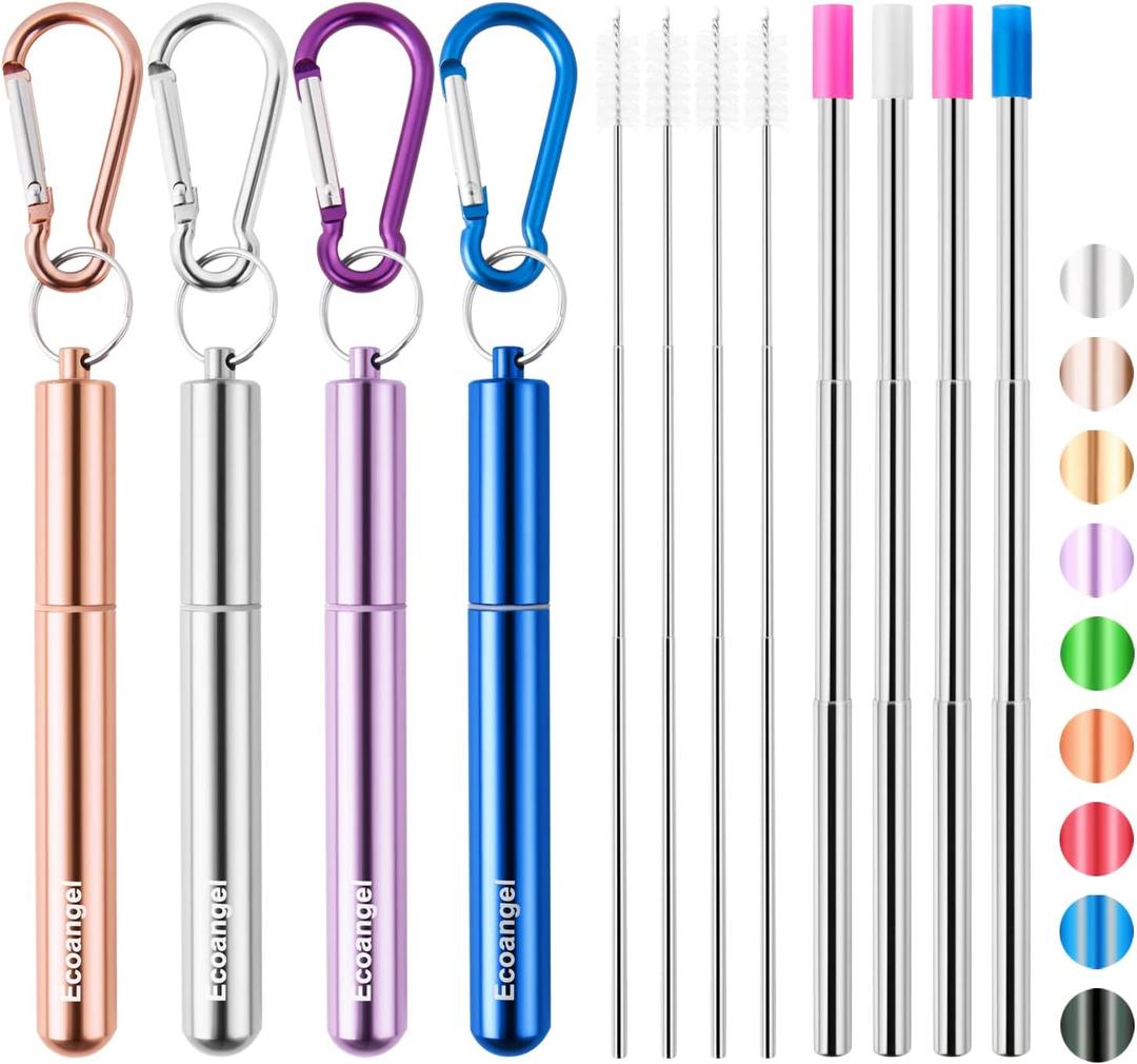 Cruise Ship Essentials,4-Pack reusable Collapsible Stainless Steel Drinking Straws with Aluminum Case, Cleaning Brush, and Keychains (Silver & rose gold & blue & purple)