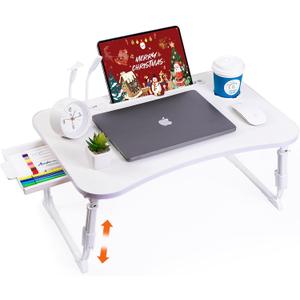 Laptop Desk for Bed, Height Adjustable Laptop Bed Table, Foldable Portable Lap Desk Stand with USB/Storage Drawer/Cup Holder/Slot, Breakfast Tray for Working Reading Writing Eating, White