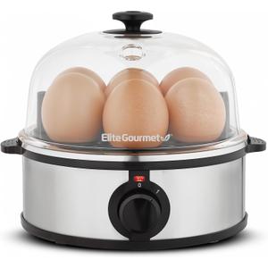 Elite Gourmet EGC724SS Easy Electric Poacher, Omelet Eggs & Soft, Medium, Hard-Boiled Egg Boiler Cooker with Auto Shut-Off and Buzzer, Measuring Cup Included, BPA Free, 7, Stainless Steel
