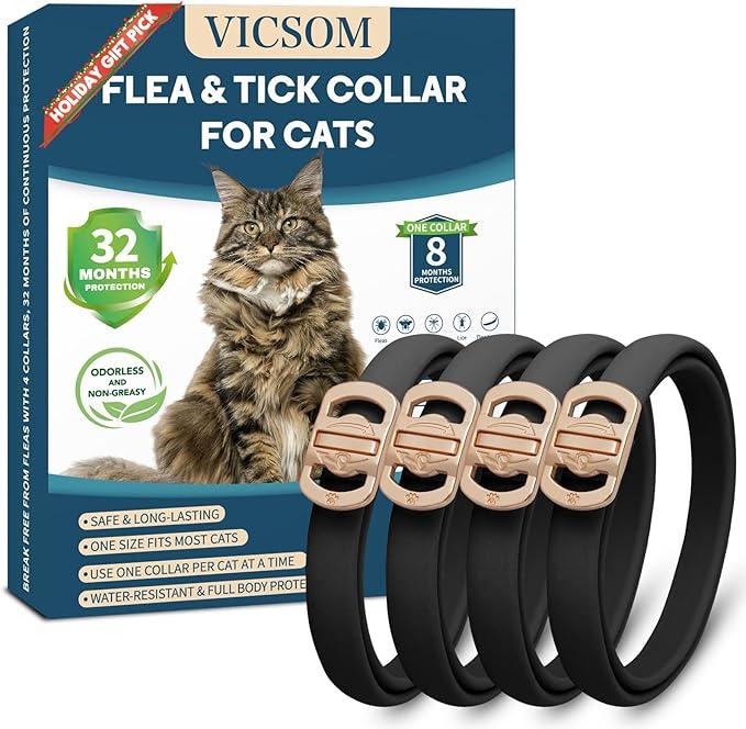 Flea and Tick Collar for Cats - 4 Pack, 32 Month Protection Treatment, Waterproof, Natural Prevention, Adjustable for Cats & Kittens (Black)
