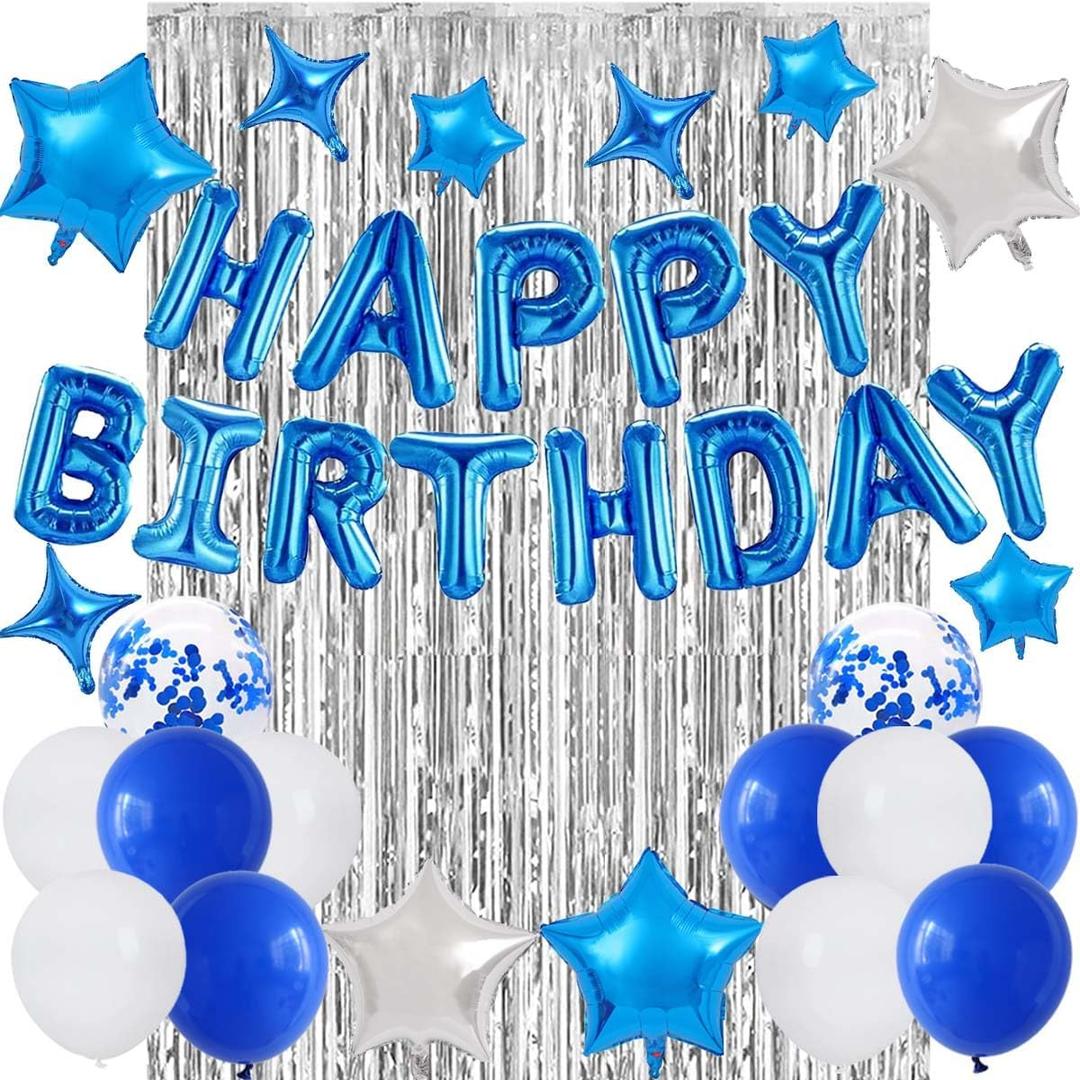 Silver Blue Birthday Party Decorations, Blue Happy Birthday Banner, Silver Fringe Curtain, Blue Silver Star Foil Balloons, Blue White Blue Confetti Balloons, for Boys Men Birthday Party Supplies