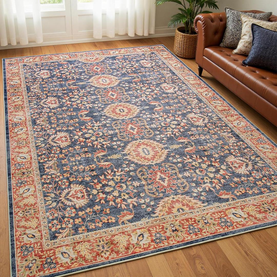Goideal Washable Rug 4x6, Vintage Area Rugs Non Slip, Indoor Low Pile Carpet with Rubber Backing for Living Room Kitchen Bathroom Entryway Office Bedroom, Navy Blue & Orange