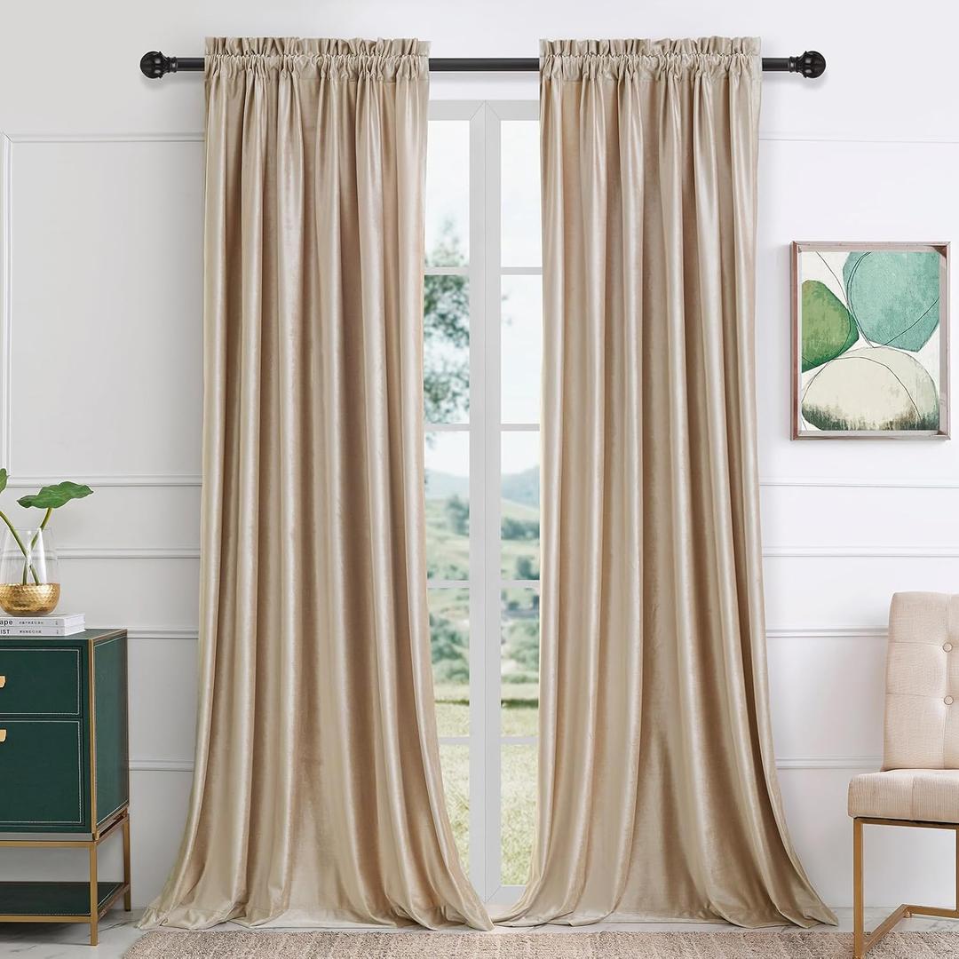 PRIMROSE Champagne Beige Velvet Curtains 96 inches Long 2 Panels Luxury Blackout Curtains for Bedroom Living Room Darkening Thermal Insulated Modern Rod Pocket Window Drapes