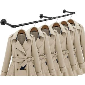 Industrial Iron Pipe Clothes Hanging Bar DIY Wall-Mounted Garment Rack Heavy Duty Clothing Rack for Bedroom, Laundry Room, Closet Storage (Black 50 inch)