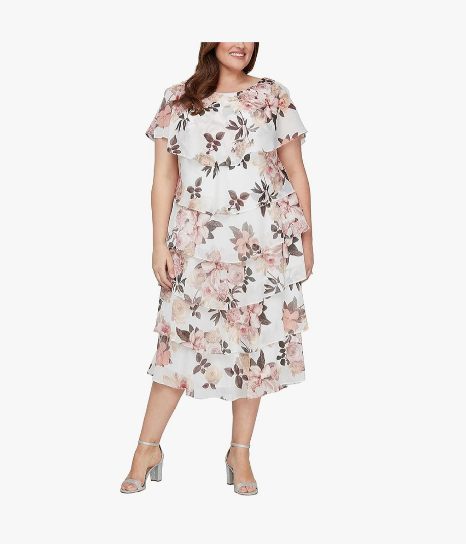 S.L. Fashions Womens Floral Tiered Spring/Summer Wedding Guest, Cocktail Dress, Special Occasion (Plus Size)14W
