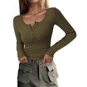 PRETTYGARDEN Women's 2026 Fall Long Sleeve Henley T Shirts Button Ribbed Knit Slim Fit Basic Tops Blouse Casual Outfits (X-Large, Army Green)
