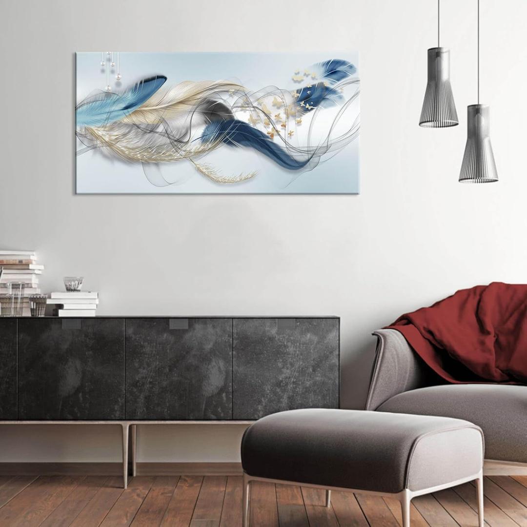 Abstract Canvas Wall Art Modern Blue and Gray White Feather Wall Decor Picture Canvas Print for Living Room Blue Wall Art Butterfly Wall Art Abstract Home Bedroom Office Decoration Stretched 24x48inch