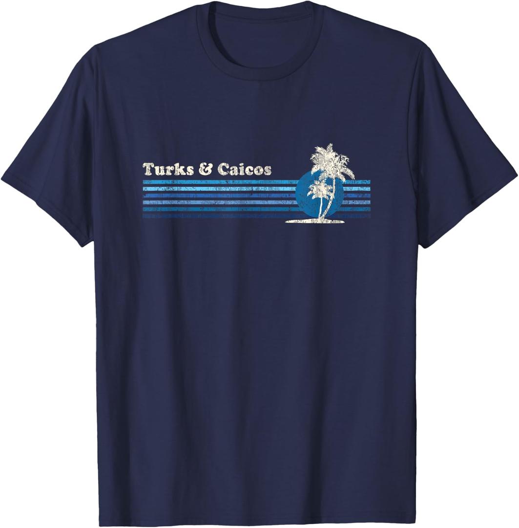 Turks and Caicos T-Shirt Vintage 80s Palm Trees Sunset Tee T-Shirt (Blue, M)