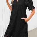 MEROKEETY Women's 2026 Summer Short Sleeve Mini Dress V Neck Ruffle Hollow Out Eyelet Lace Dresses (L)