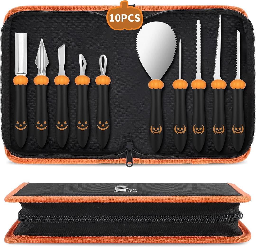 Pumpkin Carving Kit Tools Halloween, Professional Heavy Duty Carving Set, Stainless Steel Double-side Sculpting Tool Carving Kit for Halloween Decoration Jack-O-Lanterns, Gift for Halloween (Black)