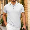 Men's Golf Polo Shirts Short Sleeve Striped Casual Polo Shirts for Men Dry Fit Tennis T-Shirt Tops (White, S)