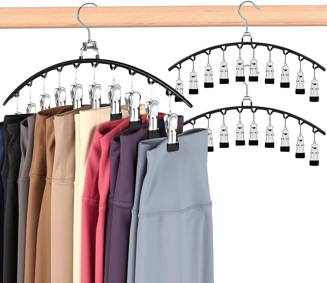 2 x Hendiy Legging Organizer for Closet, Rotatable Pants Hangers 3 Pack w/10 Clips Holds 30 Leggings, Leggings/Shorts/Jeans/Skirts/Pants Hangers w/Rubber Coated, Space Saving Hanging Closet Organizer (Black)