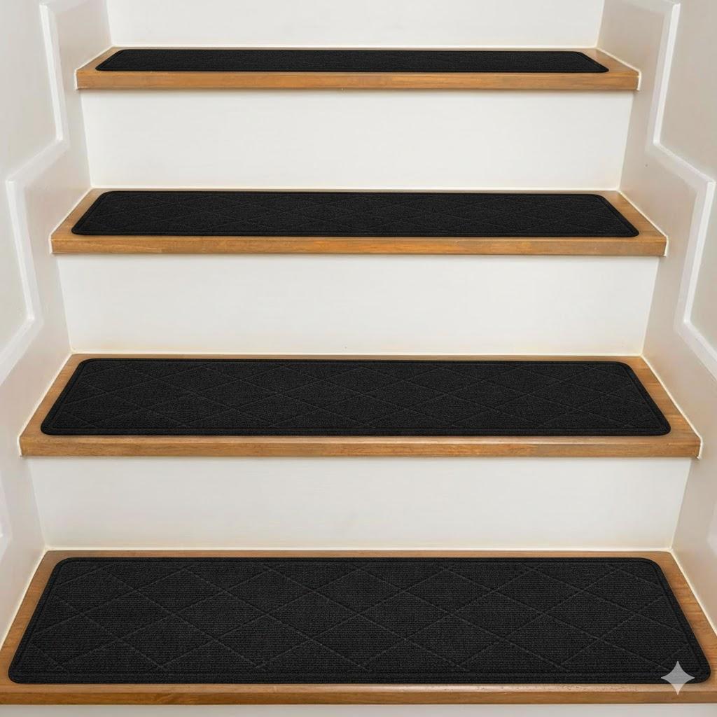 KOOTETA Stair Treads for Wooden Steps Indoor, 15 Pack 8" X 30" Non Slip Carpet Stair Treads with Reusable Adhesive for Kids Elders and Dogs, Surface Polyester TPR Backing Stair Rugs, Black