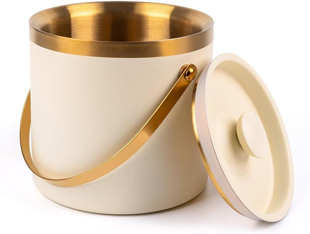 3L beige white Double Wall Insulated Stainless Steel Ice Bucket with scoop for Cocktail Bar,Metal Ice Bucket for freezer with Lid for parties.ice Container to Keep Ice Colder,bar cart accessories 