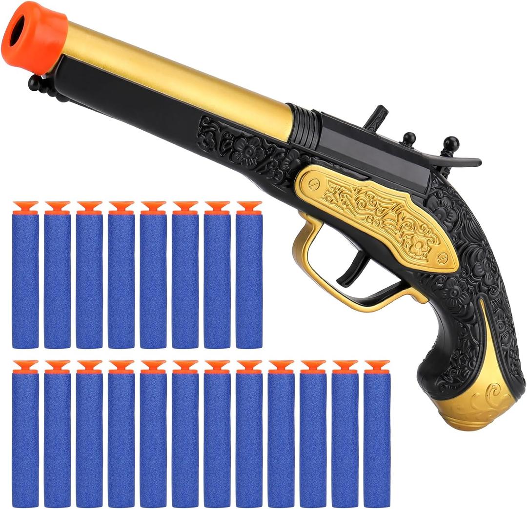 YouLeChen Pirate Flintlock Pistol Toy for Kids, Toy Foam Blaster with 20 Soft Darts, Halloween Pirate Buccaneer Themed Costume Accessory Toy Gun for Boys and Girls Aged 3 4 5 6 7 8+ Years Old