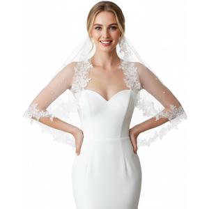 Wedding Veil Lace 1 Tier Cathedral Length Fingertip Length Bride Veil with Metal Comb, 30 in Off White