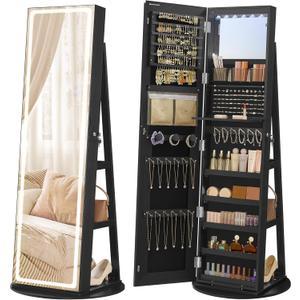 SONGMICS LED Jewelry Cabinet Standing, Lockable Armoire With Full-Length Mirror and Adjustable Lights, Space-Saving Organizer, Gift Idea, Ink Black UJJC008B01