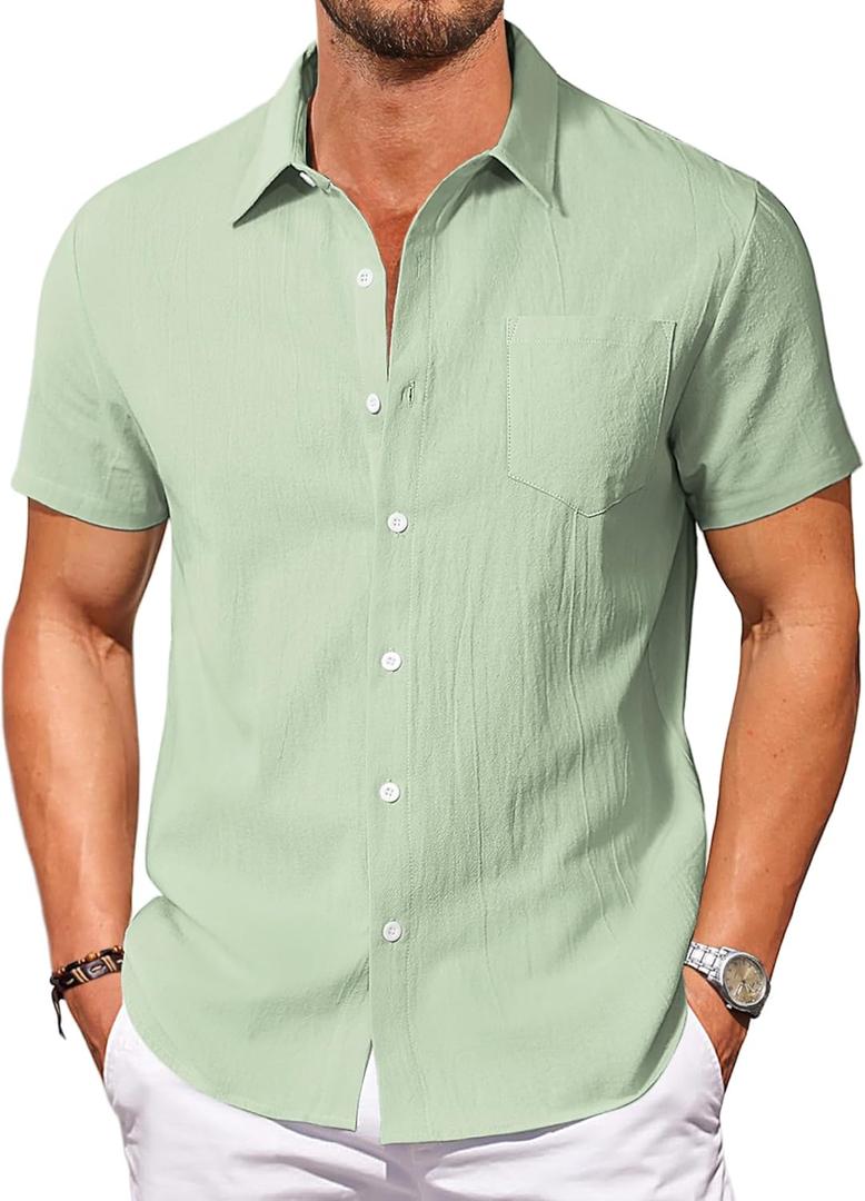 Vssjavun Mens Short Sleeve Button Down Shirts Casual Cotton Shirt Summer Beach Shirts (Green, XXL)