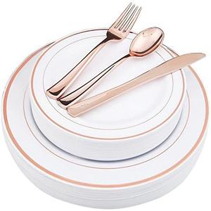 WDF-125PCS Rose Gold Plastic Silverware&Disposable Plastic Plates - Disposable Plates include 25 Dinner Plate,25 Salad Plate for Wedding Party Birthday